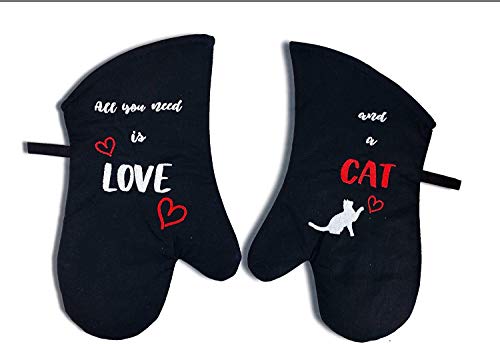 Pet-Jos 1 Paar Lange Ofenhandschuhe Küchenhandschuh Schwarze hitzebeständige Baumwoll, Backen, Grillen - Katzenzitat - 1 Pair of Heat Resistant Oven Gloves Cat Quote von Pet-Jos