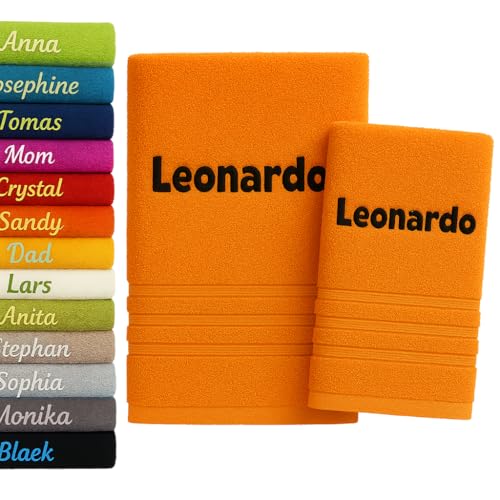 Pet-Jos 2er Pack Personalisiertes Handtuch und Badetuch mit Namen Schön gestickter Name Handbadetuch 100 % Baumwollhandtuch 50 x cm + 140 70 Personalized Custom Towel with (Orange) von Pet-Jos