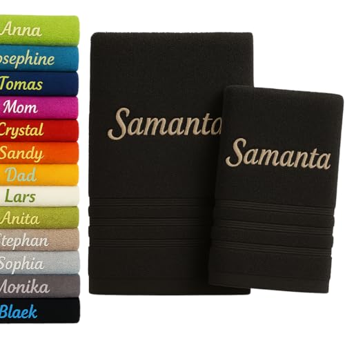 Pet-Jos 2er Pack Personalisiertes Handtuch und Badetuch mit Namen Schön gestickter Name Handbadetuch 100 % Baumwollhandtuch 50 x cm + 140 70 Personalized Custom Towel with (Schwarz) von Pet-Jos