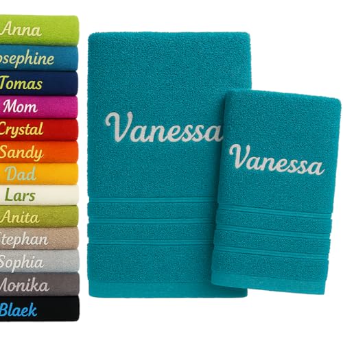 Pet-Jos 2er Pack Personalisiertes Handtuch und Badetuch mit Namen Schön gestickter Name Handbadetuch 100 % Baumwollhandtuch 50 x cm + 140 70 Personalized Custom Towel with (Türkis) von Pet-Jos