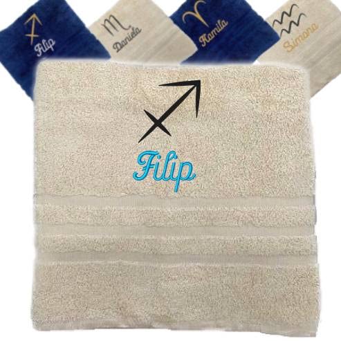 Pet-Jos Handtuch mit Namen und Sternzeichen, Personalisiertes Geschenk, Besticktes Handtuch Geschenkhandtuch 50x100 cm (Beige, Schütze) von Pet-Jos