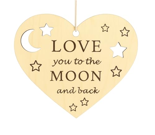 Pet-Jos Holzschild zum Aufhängen mit der Aufschrift „Love You To The Moon“, Geschenk für Ihre Liebe, Herz aus Holz, Freundschaftszitat, Geschenk für Ihn und Ihn von Pet-Jos