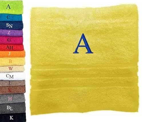 Pet-Jos Personalisiertes Badetuch, Badetuch mit Monogramm, wunderschön gestickte Buchstaben oder Namen, Badetuch mit Monogramm, Badetuch, 100% Baumwolltuch (140 x 70 cm, Gelb) von Pet-Jos