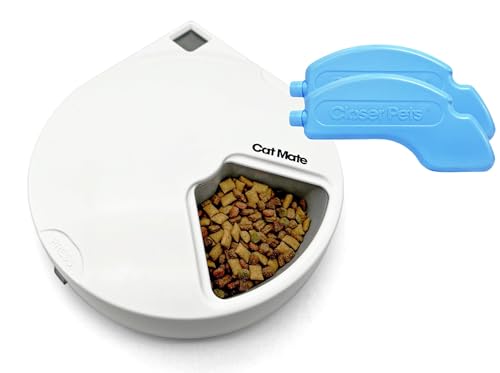 Cat Mate C500 Automatischer Futterautomat mit 5 Schüsseln und digitalem Timer für Nass- und Trockenfutter für Katzen und kleine Hunde, 5 Mahlzeiten bis zu 330 g, mit zwei Kühlakkus, Weiß von Cat Mate