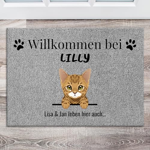 Pet Printed personalisierte Fußmatte für 1-3 Katzen mit Namen - Türmatte für Außen und Innen - Fußabtreter für die Haustür selbst gestalten - Grau von Pet Printed