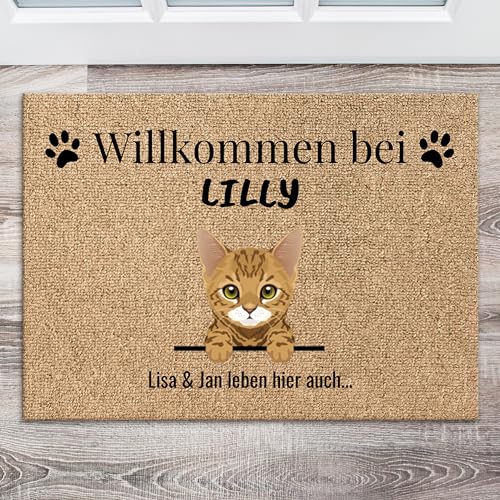 Pet Printed personalisierte Fußmatte für 1-3 Katzen mit Namen - Türmatte für Außen und Innen - Fußabtreter für die Haustür selbst gestalten - Beige von Pet Printed