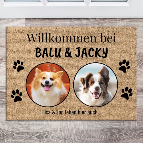 Pet Printed personalisierte Fußmatte mit 2 Fotos und Namen - Türmatte für Außen und Innen - Fußabtreter mit Hunde oder Katze selbst gestalten - Beige von Pet Printed