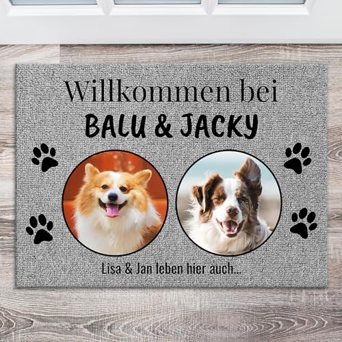 Pet Printed personalisierte Fußmatte mit 2 Fotos und Namen - Türmatte für Außen und Innen - Fußabtreter mit Hunde oder Katze selbst gestalten - Grau von Pet Printed