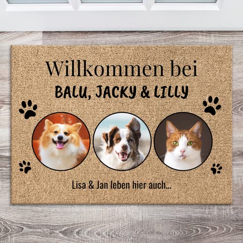 Pet Printed personalisierte Fußmatte mit 3 Fotos und Namen - Türmatte für Außen und Innen - Fußabtreter mit Hunde oder Katze selbst gestalten - Beige von Pet Printed