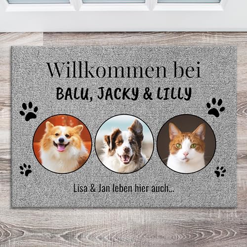 Pet Printed personalisierte Fußmatte mit 3 Fotos und Namen - Türmatte für Außen und Innen - Fußabtreter mit Hunde oder Katze selbst gestalten - Grau von Pet Printed