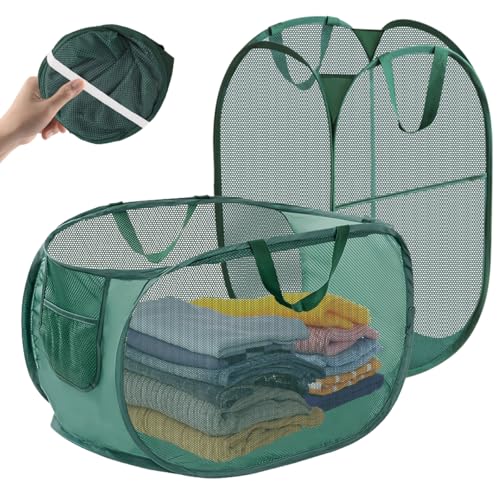 2 Stück Pop-Up Wäschekörbe, 75l Wäschekorb Faltbar, 36 * 36 * 58cm Zusammenklappbarer Wäschekorb aus Mesh, Pop up Laundry Baskets mit Griffen, Tragbar Faltbarer Wäschekorb Groß für Waschküche von PetGlimmer