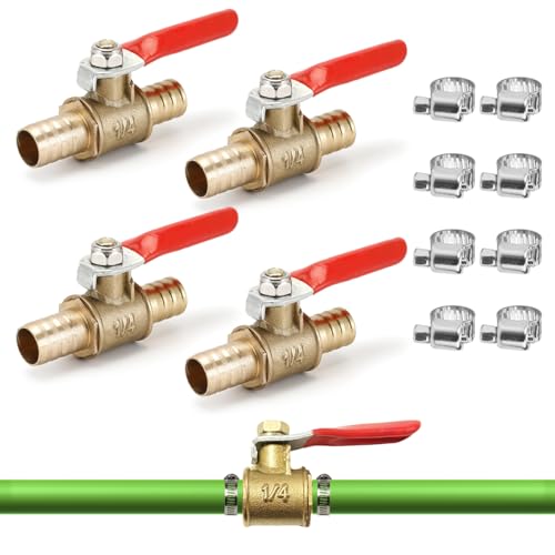 4 Stück 8mm Kugelventil aus Messing, Kugelventil mit Widerhaken, Kugelhahn Absperrventil mit 8 Stück Klemmen, 180° Betätigungsgriff Ventilrohrverschraubungen für Luft Gas Kraftstoffleitung Absperrung von PetGlimmer
