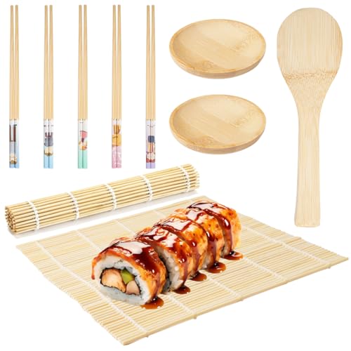 PetGlimmer 10 Stück Sushi Kit, Karbonisierte Rollmatte, Matte Bambus, 2 Sushi Bambusmatte und 5 Paar Essstäbchen, Sowie 1 Reislöffel und 2 Gewürzteller, Geeignet für Anfänger und Profis von PetGlimmer