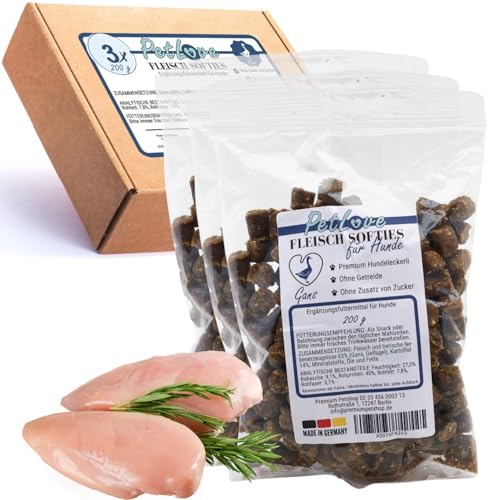 PetLove Fleisch Softies für Hunde • Hundeleckerli ohne Getreide • 63% Fleischgehalt • Hunde Leckerlis für Training • Gans (3x200g) PetLove Fleisch Softies für Hunde • Hundeleckerli ohne Getreide • 63% Fleischgehalt • Hunde Leckerlis für Training • Gans (3x200g) von PetLove