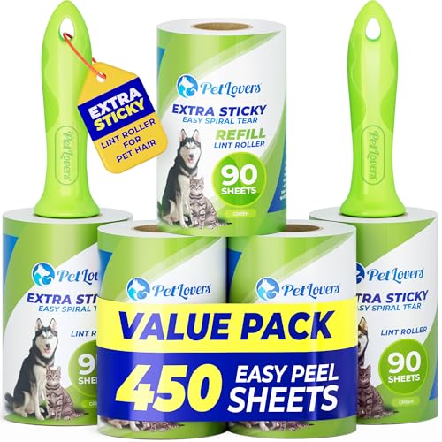 PetLovers Extra stark haftende Fusselrolle Mega-Vorteilsset mit 450 Blättern zum Entfernen von Tierhaaren und Fusseln von Kleidung, Hunde- und Katzenfusselentferner, 5er-Pack Grün von PetLovers