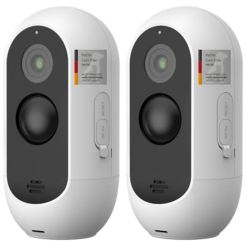 PetTec® Cam Free 2er Set - Wireless Haustierkamera Hundekamera mit App [OHNE ABO-Falle] - Katzen & Hunde Kamera Indoor/Outdoor - Bewegungserkennung & Sprachfunktion - Akku bis zu 9 Monate ohne Laden von PetTec