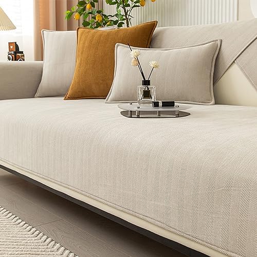 Peticehi Funny Sofabezug Fuzzy Couchbezug Fischgrätenmuster Chenille-Stoff Möbelschutz Sofabezug Gemütliche Einfarbig Anti-Rutsch-Couchbezug (Beige,90 * 210cm) von Peticehi
