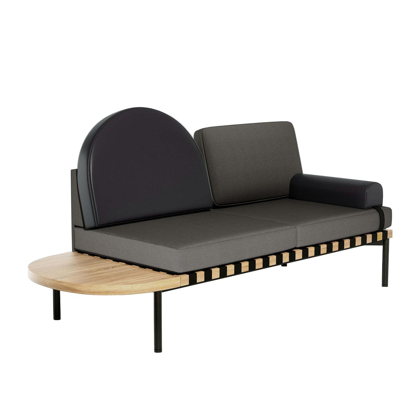 Petite Friture - Grid Daybed Gestell Eiche 187x71x92cm - schwarz-grau/Stoff Canvas 2 154/Armlehn- und Rückenkissen Leder/Füße Stahl schwarz beschichte von Petite Friture