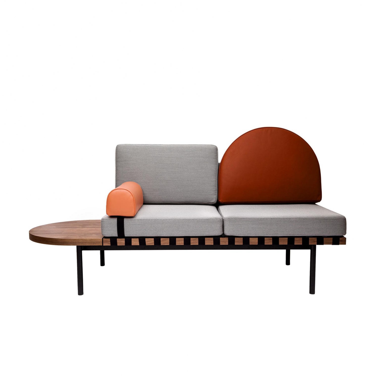 Petite Friture - Grid Daybed Gestell Nussbaum 187x71x92cm links - grau/backsteinrot/koralle/Armlehn- und Rückenkissen Leder/Sitz + Rückenlehne Steelcu von Petite Friture