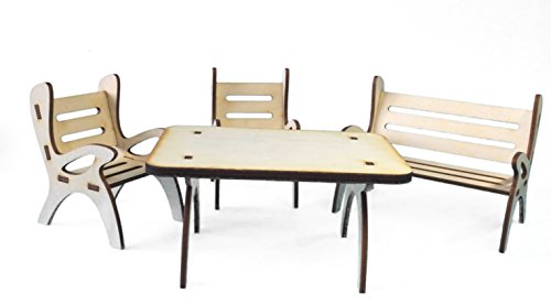 Petra's Bastel News 4-teilige Tischgruppe, bestehend Tisch, 1 x Gartenbank und 2 Stühle aus Holz Höhe ca. 6cm von Petra's Bastel News