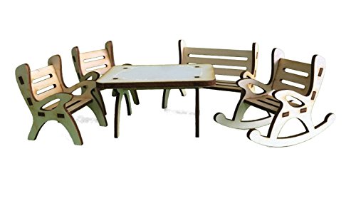 Petra's Bastel News Dekoartikel 5-teilige Tischgruppe, bestehend Tisch, Gartenbank, 1 x Schaukelstuhl und 2 Stühle aus Holz, Höhe ca. 6cm von Petra's Bastel News