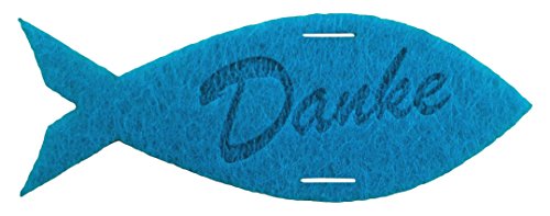 Petra's Bastel News 15 x Fisch 80 mm mit Danke graviert (Filz, türkis), blau, 8cm von Petra's Bastel News