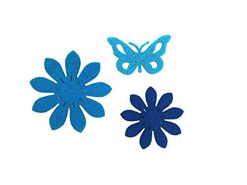 Petra's Bastel News 30-teiliges Filzset Blumen und Schmetterling 3 verschieden Designs Filzfarbe: hellblau/Mittelblau/dunkelblau, blau, 5-6cm von Petra's Bastel News