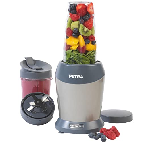 Petra PT2002V4SILVERVDEEU7 NutriMax Mehrzweck-Smoothie-Kaffeemaschine, Saftmixer, 2 Mischbehälter (800 ml/1 l), Trinkverschluss, Aufbewahrungsdeckel inklusive, BPA-frei, Cocktailmischer, 1000W von Petra