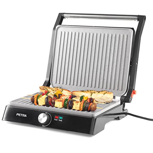 Petra PT4076VDEEU10 XL 180° Elektrogrill und Panini-Presse - Sandwichtoaster mit marblestone Antihaftbeschichtung, Tischgrill, ausklappbar für 2 Kochflächen, Gemüse, Fleisch, Spieße, Fettarmes Grillen von Petra