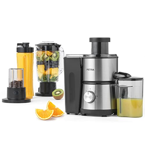 Petra PT4294VDEEU7 4-In-1 Zentrifugal Entsafter - Saftmaschine für vitaminreiche Gemüse/Obstsäfte, inkl 1L Mixer, 350ml Behälter, 30g Mahlbehälter, 600ml Flasche, 2 Geschwindig & Pulsfunktion, 400W von Petra