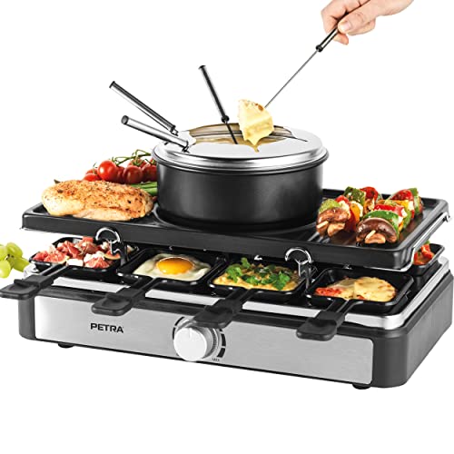 Petra PT4513VDE 2-in-1 Raclette-Grill und Fondue - groß Teppanyaki Grill, Schiebern/Holzspatel, 8 Personen, Rauchfreier Elektrischer Grillplatte, 1,3-l-Topf mit Tauchgabeln, 1400W, Temperaturregler von Petra