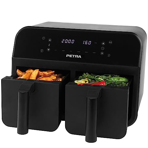 Petra PT4750BLKVDE Heißluft-Fritteuse, XXL 7,4L, 2400W Fritteuse mit 2 herausnehmbaren Frittierkörben mit Antihaftbeschichtung, 6 Kochfunktionen mit Sync & Match, 3,7 l pro Schublade, Schwarz von Petra