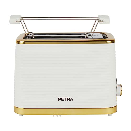 Petra PT5032WVDE 2 Scheiben Toaster – Inklusive Erwärmung Aufsatz für Brötchen/Gebäck, Auftauen, Aufwärm & Abbruchfunktion, Abnehmbare Krümelschublade, 7 Einstellbare Bräunungsstufen, 930W, Weiß/Gold von Petra