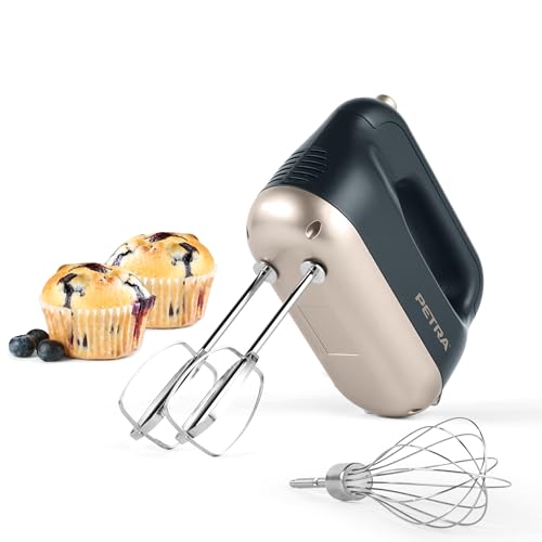 Petra PT5512BGRYVDE Elektrischer Handmixer - Eierquirl, Handrührer zum Backen mit Knethaken, Rührbesen und Ballonquirl-Aufsätzen, 5 Geschwindigkeitsstufen & Auswurffunktion, 250 W, Blau-Grau/Gold von Petra