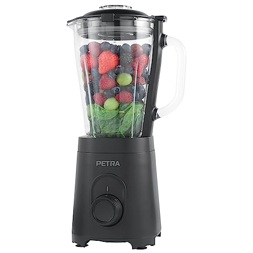 Petra PT5531MBLKVDE Glas Standmixer - BPA Frei 1.5L Krug-Mixer, EK1 Sicherheitsverriegelung Deckel, Edelstahlklinge, 2 Geschwindigkeits, Impulsfunktion, Misst ml/l/Becher/floz, 600W Smoothie Maker von Petra