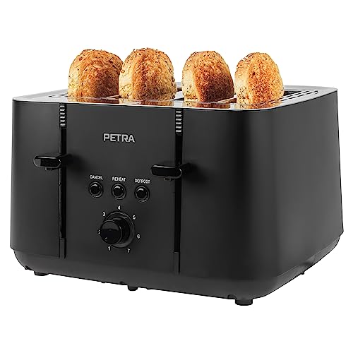 Petra Toaster 4 Scheiben 1850W, XXL Brotröster mit 7 Bräunungsstufen, Toaster mit Selbstzentrierenden Schlitzen & Anti-Stau-Funktion, Krümelschublade, Schwarz von Petra