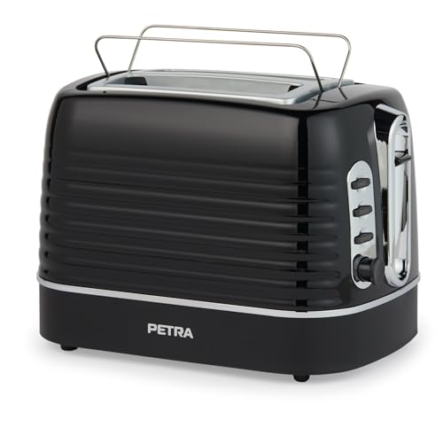 Petra PT5573BLKVDE Toaster – 2 Toastschlitze mit integrierter Brötchen-Warmhalterung für Gebäck, 6 variable Bräunungsstufen, Auftauen/Aufwärm/Stopp-Funktionen, herausnehmbare Krümelschublade, 1050 W von Petra