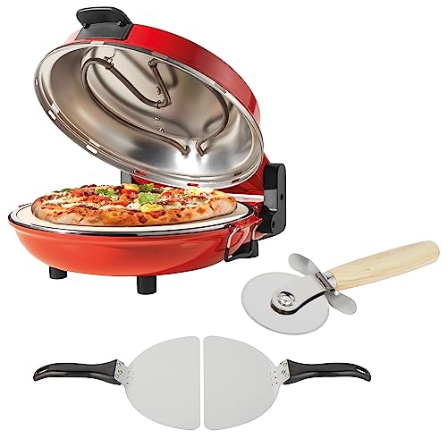 Petra PT5666VDE Elektrischer Pizzaofen - 1200W Drinnen Pizzabäcker, 5 Heizstufen, Schnelles Vorheizen, Professionell 12" Stein Ofen Pizza in 5 Minuten, Inklusive Pizzastein, schneider & Paddels, Rot von Petra