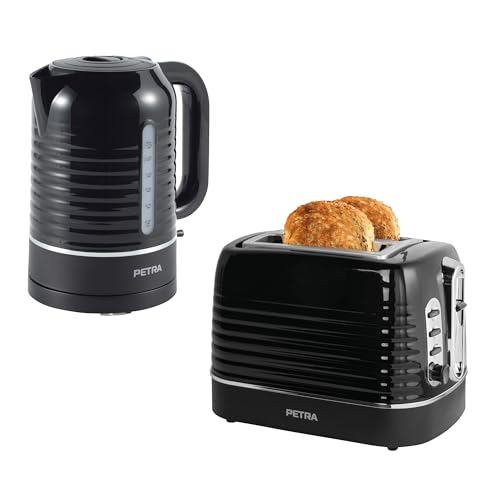 Petra Wasserkocher & Toaster-Set - mit 2 Toastfächern, 6 variable Einstellungen, Aufwärm-/Stoppfunktionen, 1050 W und schnelles Aufkochen, Wasserstandsanzeige, Anti-Kalk, Drehfuß, 3000W, 1,7l, Schwarz von Petra