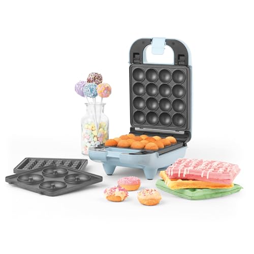 Petra kompaktes Multifunktionsgerät 3-in-1 Donutmaker Cake Pops & Waffeleisen, Party-Gadget, leicht zu reinigende herausnehmbare Antihaftplatten, 650W, pastellblau von Petra
