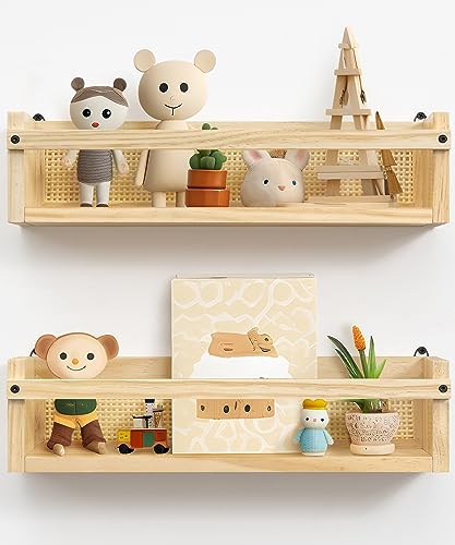 Petrala Wandregal Kinderzimmer Holz 2er Set bücherregal im Rattan Gitter Design Schweberegal für Organizer Küche Gewürzregal Wand Dekoration Aufbewahrungs Badezimmer Wohnzimmer von Petrala