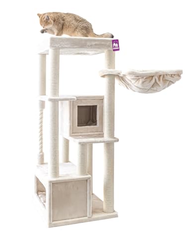 Petrebels Kratzbaum Lodge 150 cm hoch, mit XL Sofa, Hängematte und Katzen-Spielseil, Kratzbaum für mehrere Katzen, Farbe Beige/Creme von Petrebels