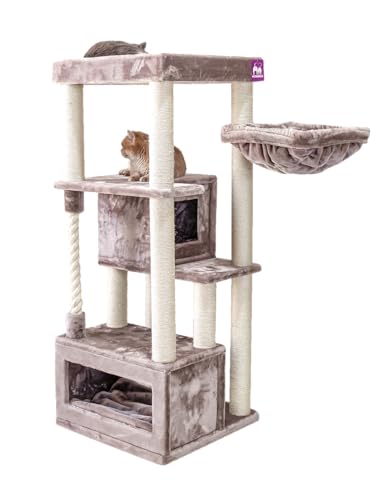 Petrebels Kratzbaum Lodge 150 cm hoch, mit XL Sofa, Hängematte und Katzen-Spielseil, Kratzbaum für mehrere Katzen, Farbe Cappuccino von Petrebels