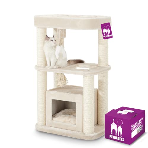 Petrebels Kratzbaum für kleine Katzen und Senioren, Villa 100 cm hoch, Premium Qualität Kratzbaum Klein, Farbe Beige/Creme von Petrebels