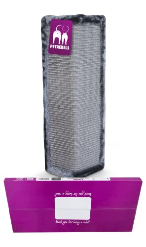 Petrebels Kratzbrett für Katzen 57 x 27 cm, Sisal Eck-Kratzbrett mit Kratzteppich und Plüsch, für Zimmerecken, in Geschenkbox, Kratzbretter Wand Farbe Grau von Petrebels