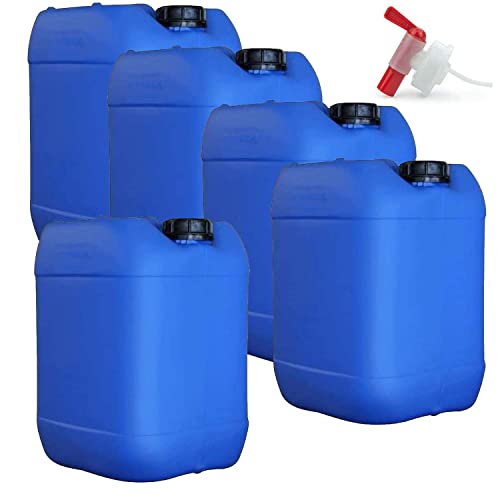 Petri 5 x 10 Liter Getränke- und Wasserkanister DIN 51 mit 1 x Ablaufhahn | UN-Zugelassen Lebensmittelecht BPA frei | Gastronomie Gewerbe Camping Wohnwagen | Robuste Qualität aus DE (10 Liter, blau) von Bhgytec