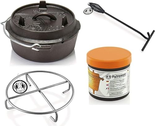 Petromax Feuertopf Starterset ft3-t (Dutch Oven Planer Boden) inkl. Deckelheber + Pflegepaste + Untersetzer von Petromax