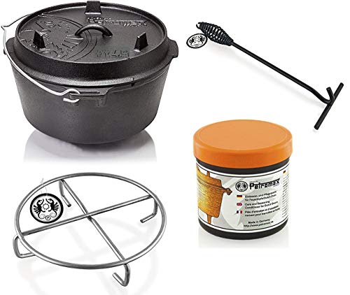 Petromax Feuertopf Starterset ft4.5-t (Dutch Oven Planer Boden) inkl. Deckelheber + Pflegepaste + Untersetzer von Petromax