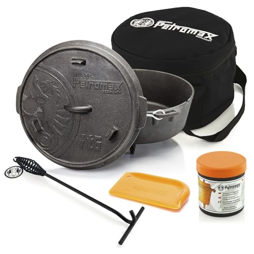 Petromax Feuertopf ft9-t Einsteiger-Set - Dutch Oven mit planem Boden inklusive Aufbewahrungstasche, Deckelheber, Pflegepaste und Schaber - für alle Grillarten und offenes Feuer - 7,5 Liter von Petromax