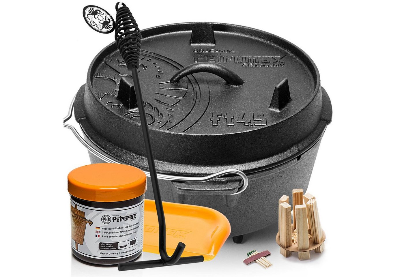 Petromax Schmortopf Feuertopf Dutch Oven ft4,5 mit Füssen 2-4 Personen 3,5l, Gusseisen (Spar-Set, 6-tlg., Topf+Deckel+Deckelheber+Paste+Schaber+Feuer-Kit), mit Edelstahlhenkel von Petromax